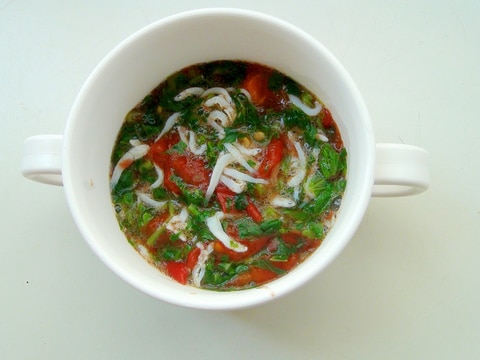 トマト＆モロヘイヤ＆しらすの冷たいスープ♪離乳食
